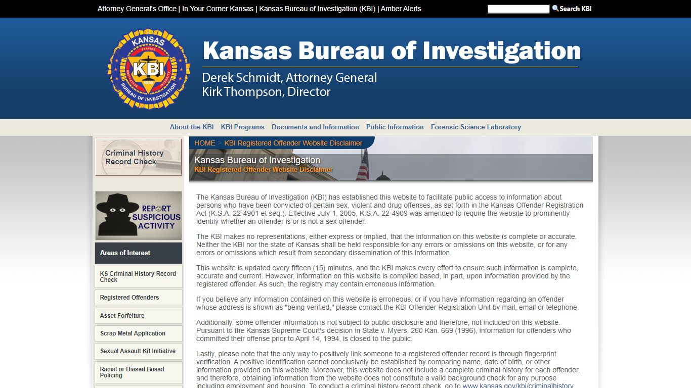 KBI Registered Offender Website Disclaimer